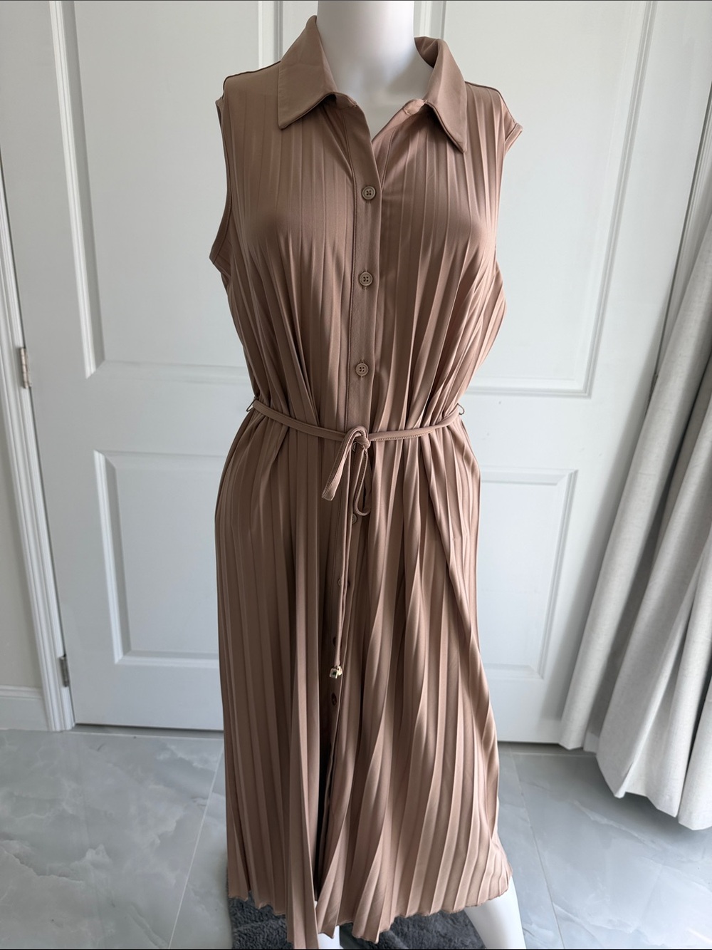 Nina Leonard Taupe Pleated Button-Front Midi Dress